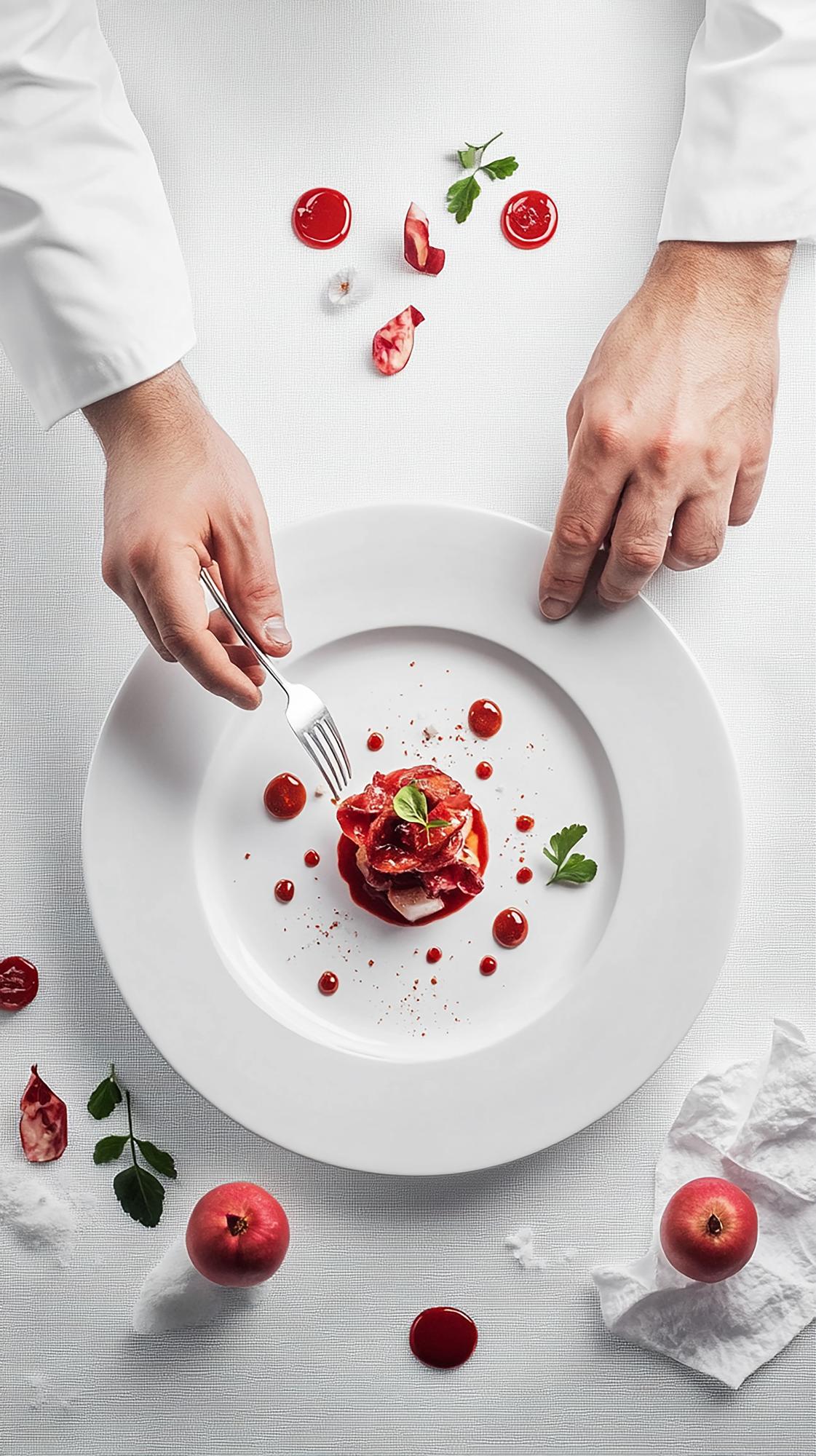 Chefs preparing a futuristic plated dish in modern kitchen